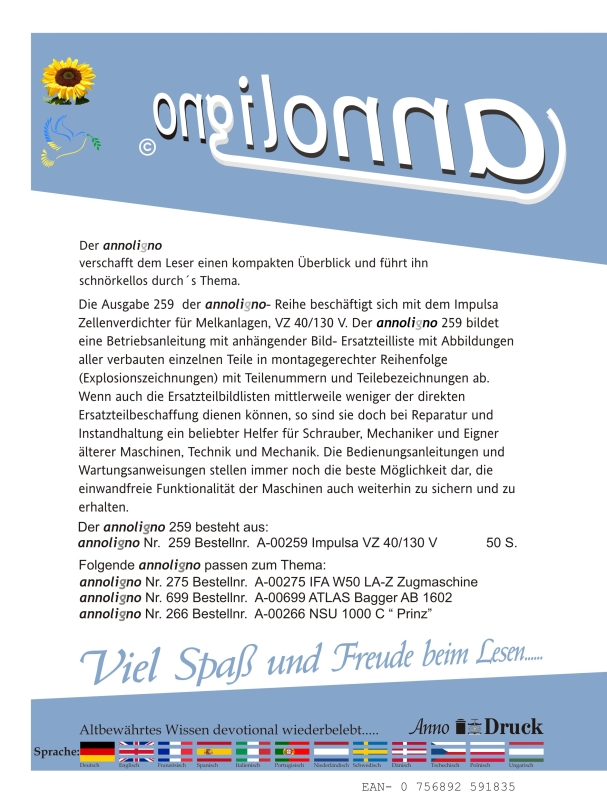 Impulsa Melkmaschinen Zellenverdichter VZ 40/130 V Bild- Bedienungsanleitung & Bild- Ersatzteilliste & Explosionszeichnungen  - annoligno 259